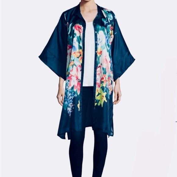 SOLD Johnny Was Malani 100% Silk Floral Print Long Kimono Tunic Navy Blue Size M - Picture 5 of 16